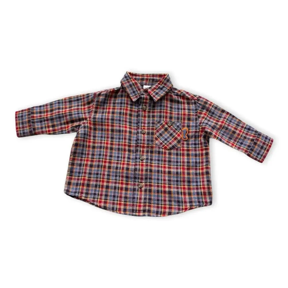 Gymboree Boys Shirt Size 3-6 Mo Fly Boys Plaid Flannel Button Up‎ Airplane NEW